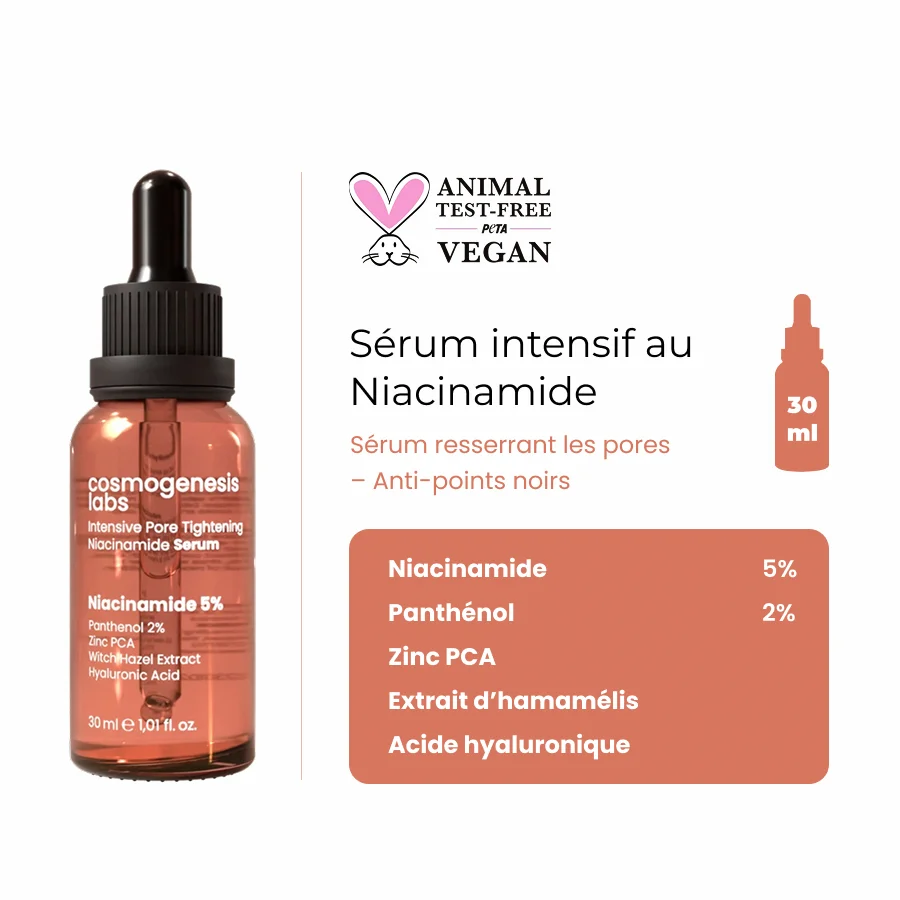 Sérum Niacinamide Pores Resserrés 30 ml: المكونات الرئيسية وتركيزاتها