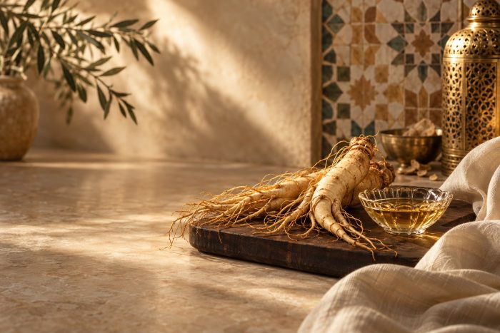 جذور الجينسنغ وصحن صغير من سائل ذهبي على لوح خشبي